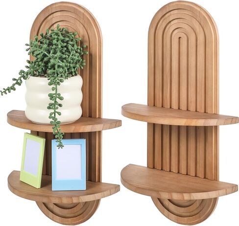 2 PCS Boho Wall Shelf, Double Shelves, Wooden Arched Floating Shelve Modern Decor Bohemian Rainbow Hanging Holder,Mid Century for Living Room,Bedroom,Nursey Room,16.9 x 9 Inches(Brown) in Kuwait
