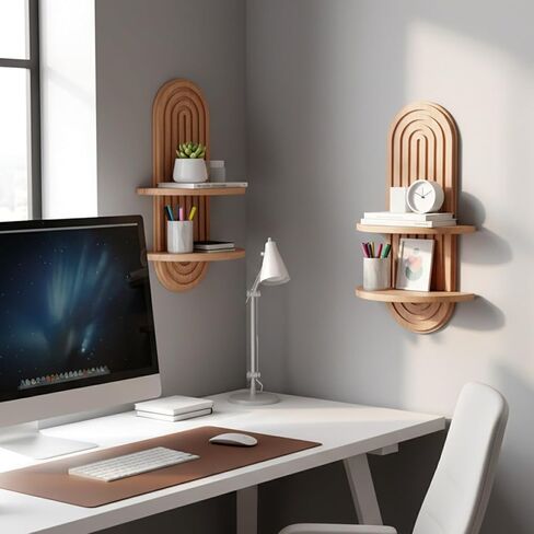 2 PCS Boho Wall Shelf, Double Shelves, Wooden Arched Floating Shelve Modern Decor Bohemian Rainbow Hanging Holder,Mid Century for Living Room,Bedroom,Nursey Room,16.9 x 9 Inches(Brown) in Kuwait