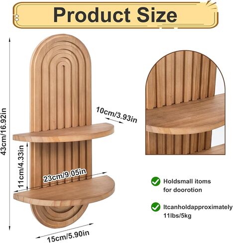 2 PCS Boho Wall Shelf, Double Shelves, Wooden Arched Floating Shelve Modern Decor Bohemian Rainbow Hanging Holder,Mid Century for Living Room,Bedroom,Nursey Room,16.9 x 9 Inches(Brown) in Kuwait