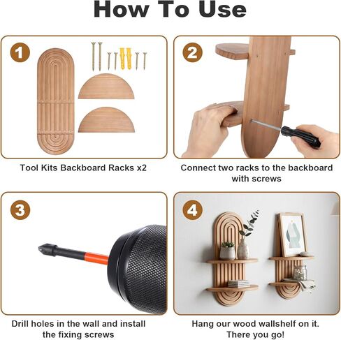 2 PCS Boho Wall Shelf, Double Shelves, Wooden Arched Floating Shelve Modern Decor Bohemian Rainbow Hanging Holder,Mid Century for Living Room,Bedroom,Nursey Room,16.9 x 9 Inches(Brown) in Kuwait