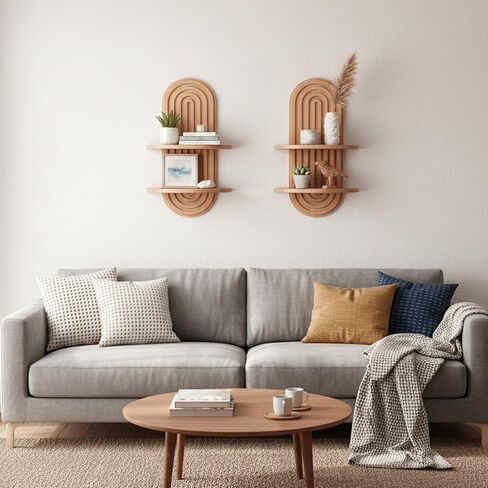 2 PCS Boho Wall Shelf, Double Shelves, Wooden Arched Floating Shelve Modern Decor Bohemian Rainbow Hanging Holder,Mid Century for Living Room,Bedroom,Nursey Room,16.9 x 9 Inches(Brown) in Kuwait