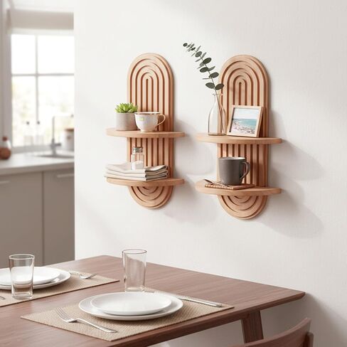 2 PCS Boho Wall Shelf, Double Shelves, Wooden Arched Floating Shelve Modern Decor Bohemian Rainbow Hanging Holder,Mid Century for Living Room,Bedroom,Nursey Room,16.9 x 9 Inches(Brown) in Kuwait