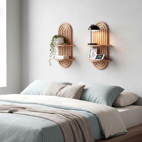 2 PCS Boho Wall Shelf, Double Shelves, Wooden Arched Floating Shelve Modern Decor Bohemian Rainbow Hanging Holder,Mid Century for Living Room,Bedroom,Nursey Room,16.9 x 9 Inches(Brown) in Kuwait