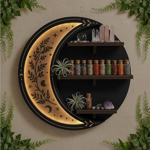 Wall Shelves for Bedroom, Crescent Moon Shelf with LED Light, Witchy Whimsical Celestial Room Decor Aesthetic, Moon Phase Shelf for Trinket Knick Knack Crystal Rock Gem Healing Stone Essential Oil in Kuwait