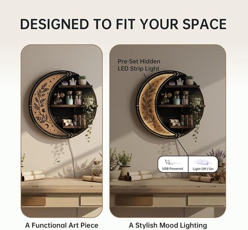 Wall Shelves for Bedroom, Crescent Moon Shelf with LED Light, Witchy Whimsical Celestial Room Decor Aesthetic, Moon Phase Shelf for Trinket Knick Knack Crystal Rock Gem Healing Stone Essential Oil in Kuwait