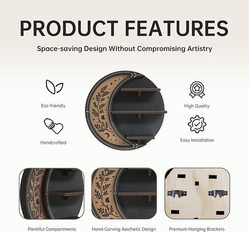 Wall Shelves for Bedroom, Crescent Moon Shelf with LED Light, Witchy Whimsical Celestial Room Decor Aesthetic, Moon Phase Shelf for Trinket Knick Knack Crystal Rock Gem Healing Stone Essential Oil in Kuwait