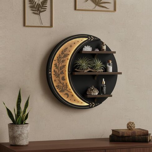 Wall Shelves for Bedroom, Crescent Moon Shelf with LED Light, Witchy Whimsical Celestial Room Decor Aesthetic, Moon Phase Shelf for Trinket Knick Knack Crystal Rock Gem Healing Stone Essential Oil in Kuwait