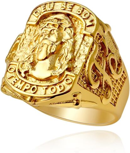 Jesus Head Carved Signet Big Top Ring for Men Unisex - Catholic Christian Cross Vintage Antique Thumb Pinky Religious Amulet Blessing - Stainless Steel Biker Costume Jewelry,Gold in Saudi Arabia