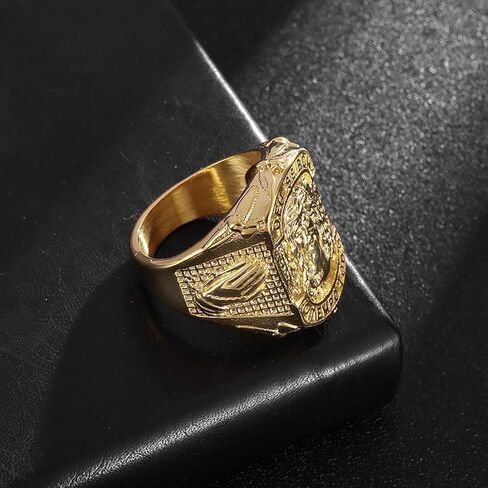 Jesus Head Carved Signet Big Top Ring for Men Unisex - Catholic Christian Cross Vintage Antique Thumb Pinky Religious Amulet Blessing - Stainless Steel Biker Costume Jewelry,Gold in Saudi Arabia