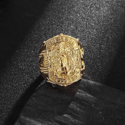 Jesus Head Carved Signet Big Top Ring for Men Unisex - Catholic Christian Cross Vintage Antique Thumb Pinky Religious Amulet Blessing - Stainless Steel Biker Costume Jewelry,Gold in Saudi Arabia