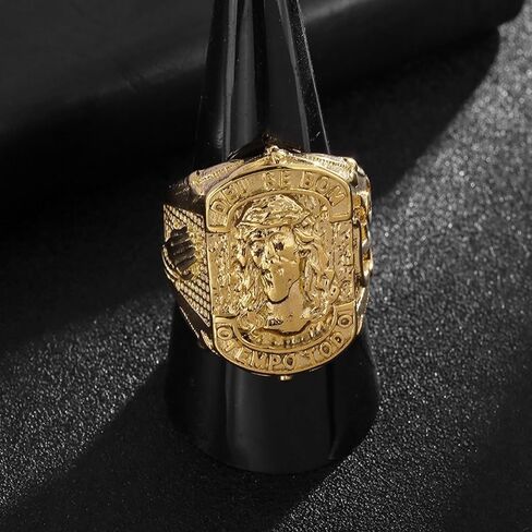 Jesus Head Carved Signet Big Top Ring for Men Unisex - Catholic Christian Cross Vintage Antique Thumb Pinky Religious Amulet Blessing - Stainless Steel Biker Costume Jewelry,Gold in Saudi Arabia