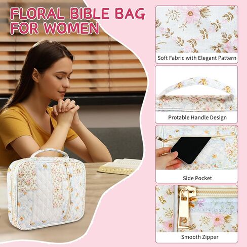 Bible Cover Case for Women, Large Bible Cover with Durable Handle and Zippered Pocket, Quilted Bible Carrying Case for Girls, Bible Holder with Study Supplies Accessories Christian Gifts for Women in Saudi Arabia