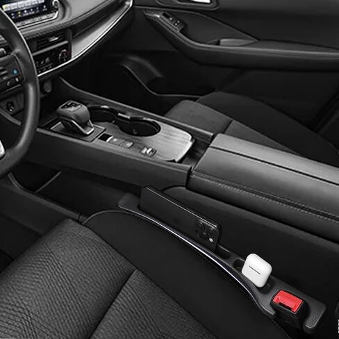 Pukonger حشو فجوة مقعد السيارة متوافق مع ملحقات نيسان روج، حاجز سد فجوة المقعد مع منظم فتحة تخزين، حامل أكواب السيارة غير قابل للانزلاق، عبوة من قطعتين باللون الأسود in Kuwait