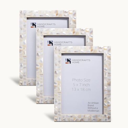 مجموعة إطارات صور Handicrafts Home مقاس 5x7 مكونة من 3 قطع، مصنوعة من عرق اللؤلؤ، ومغطاة بصور زجاجية مقاس 5x7، لعرض سطح الطاولة وإطار صور مثبت على الحائط، باللون الأبيض in Kuwait