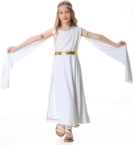 Girls Greek Costume White Toga Dress 4PCS Halloween Roman Princess Cosplay Outfits Dress Up in Saudi Arabia