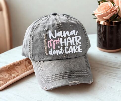Women's Nana Hair Don't Care Hat or Custom Text Name, Baseball or High Ponytail Cap, Embroidered Gift Nonna Nene Nanny Nonnie Grandma Yaya Lala More, Funny in Kuwait