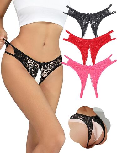 comeondear Lace Bikini Thong for Women Plus Size Cheeky Panty Underwear Low Waisted Floral Briefs with Bow Center S-2XL in Saudi Arabia