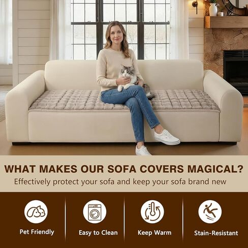 Couch Cover for Pets Plush, Non Slip Cozy Sofa Cover Pet Friendly, Soft Thick Fuzzy Sofa Slipcovers for 3 Cushions Washable Couch Sofa Funiture Protector(Light Brown,27.6'' x 63'') in Saudi Arabia