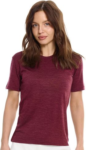 Women’s Merino Wool Short Sleeve Base Layer T-Shirt for Hiking and Travel (Large, Burgundy Wine Crewneck) in Saudi Arabia