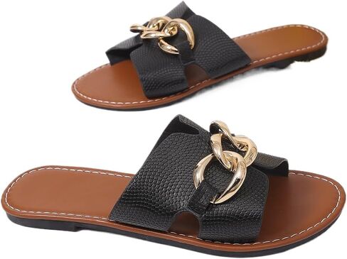 Women's Flat Slide Sandals with Gold Chain Accents - Snake Embossed Open Toe Slip On Slippers for Summer Beach and Daily Wear in Saudi Arabia