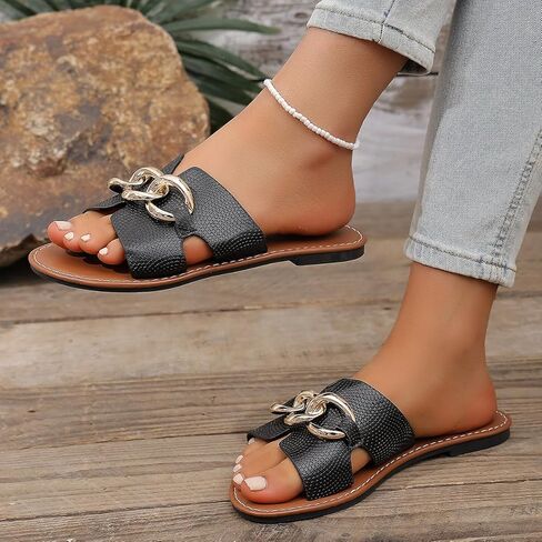 Women's Flat Slide Sandals with Gold Chain Accents - Snake Embossed Open Toe Slip On Slippers for Summer Beach and Daily Wear in Saudi Arabia