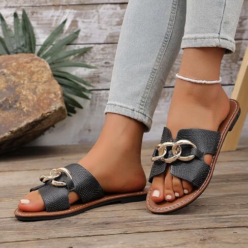 Women's Flat Slide Sandals with Gold Chain Accents - Snake Embossed Open Toe Slip On Slippers for Summer Beach and Daily Wear in Saudi Arabia