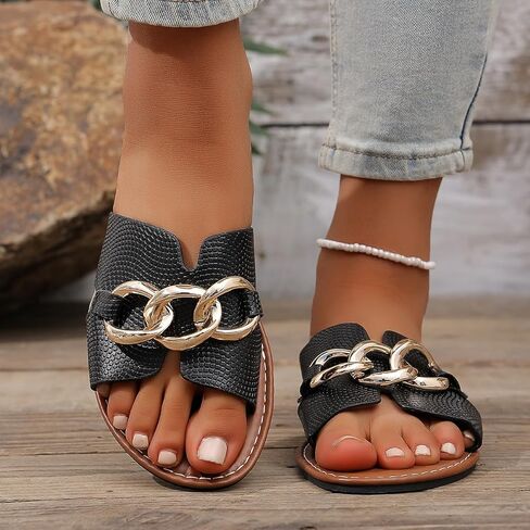 Women's Flat Slide Sandals with Gold Chain Accents - Snake Embossed Open Toe Slip On Slippers for Summer Beach and Daily Wear in Saudi Arabia