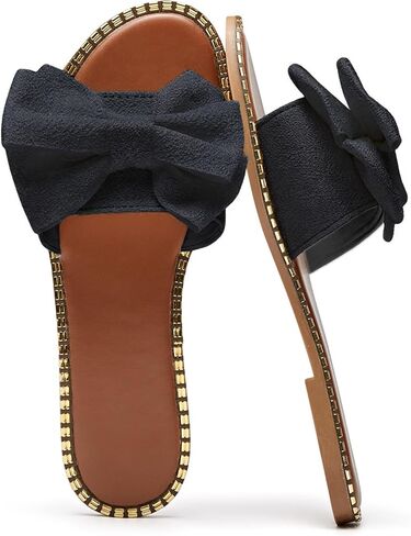 White Black Women’s Slide Sandals With Large Bow Decor Gold Trim Non-Slip Sole Comfortable Open-Toe Casual Indoor Outdoor Summer Footwear in Saudi Arabia