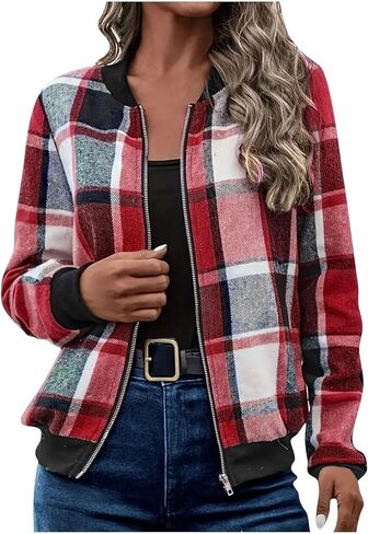 Oversize Plaid Jacket for Women Trendy Long Sleeve Shackets Casual Zip up Fall Lightweight Jackets Fall Winter Outfit in Saudi Arabia