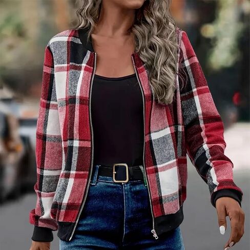 Oversize Plaid Jacket for Women Trendy Long Sleeve Shackets Casual Zip up Fall Lightweight Jackets Fall Winter Outfit in Saudi Arabia