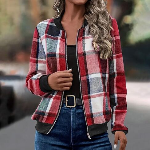 Oversize Plaid Jacket for Women Trendy Long Sleeve Shackets Casual Zip up Fall Lightweight Jackets Fall Winter Outfit in Saudi Arabia