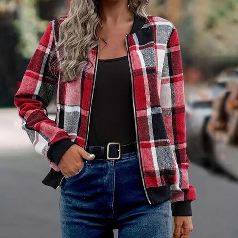 Oversize Plaid Jacket for Women Trendy Long Sleeve Shackets Casual Zip up Fall Lightweight Jackets Fall Winter Outfit in Saudi Arabia
