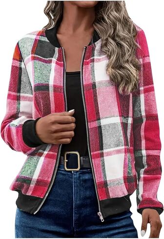 Oversize Plaid Jacket for Women Trendy Long Sleeve Shackets Casual Zip up Fall Lightweight Jackets Fall Winter Outfit in Saudi Arabia