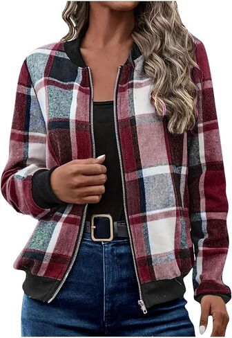 Oversize Plaid Jacket for Women Trendy Long Sleeve Shackets Casual Zip up Fall Lightweight Jackets Fall Winter Outfit in Saudi Arabia
