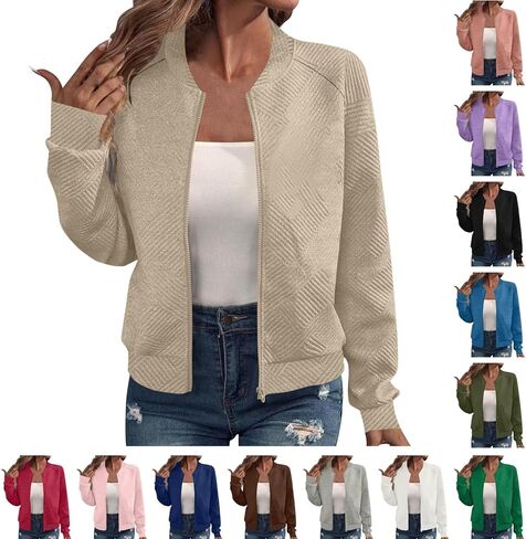 Bomber Jacket Women Zip up Lightweight Textured Casual Jackets Coat Long Sleeve 2025 Fall Fashion Outwear with Pocket in Saudi Arabia