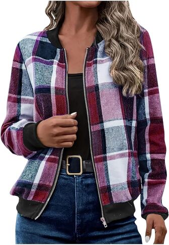 Oversize Plaid Jacket for Women Trendy Long Sleeve Shackets Casual Zip up Fall Lightweight Jackets Fall Winter Outfit in Saudi Arabia