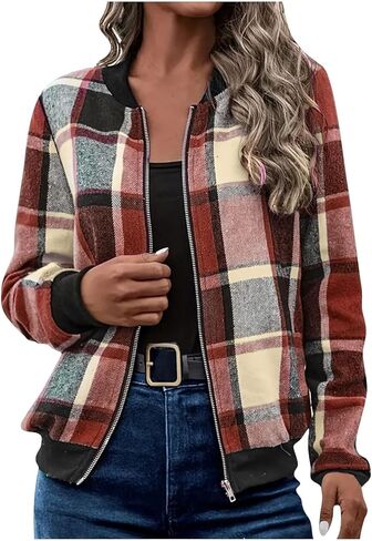 Oversize Plaid Jacket for Women Trendy Long Sleeve Shackets Casual Zip up Fall Lightweight Jackets Fall Winter Outfit in Saudi Arabia