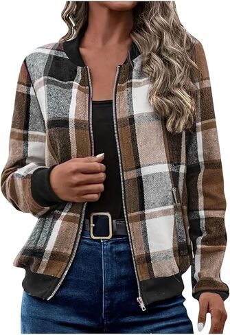 Oversize Plaid Jacket for Women Trendy Long Sleeve Shackets Casual Zip up Fall Lightweight Jackets Fall Winter Outfit in Saudi Arabia