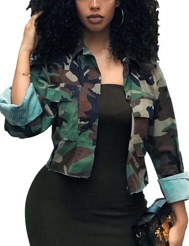 xxxiticat Women's Camoufalge Print Fall Jacket Long Sleeve Button Camo Cargo Lightweight Casual Button Crop Bomber Coat in Saudi Arabia