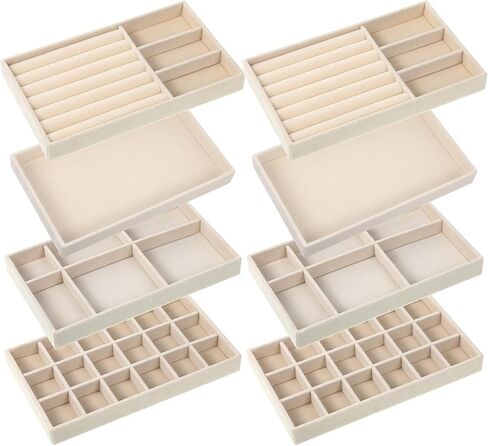 8 Pcs Jewelry Organizer Tray, Stackable Velvet Jewelry Trays Drawers Organizer for Drawer Inserts Earring Organizers for Women, Divided Display Trays for Earring Ring Necklace (Beige) in Saudi Arabia