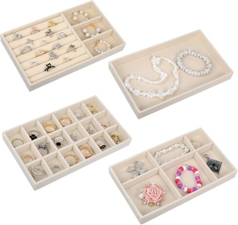 8 Pcs Jewelry Organizer Tray, Stackable Velvet Jewelry Trays Drawers Organizer for Drawer Inserts Earring Organizers for Women, Divided Display Trays for Earring Ring Necklace (Beige) in Saudi Arabia