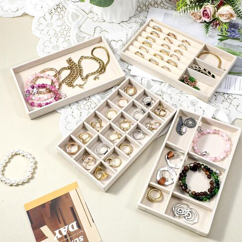 8 Pcs Jewelry Organizer Tray, Stackable Velvet Jewelry Trays Drawers Organizer for Drawer Inserts Earring Organizers for Women, Divided Display Trays for Earring Ring Necklace (Beige) in Saudi Arabia