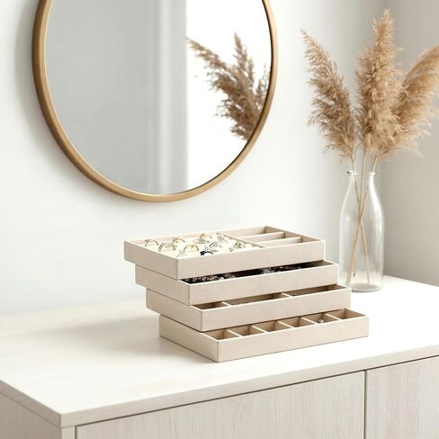 8 Pcs Jewelry Organizer Tray, Stackable Velvet Jewelry Trays Drawers Organizer for Drawer Inserts Earring Organizers for Women, Divided Display Trays for Earring Ring Necklace (Beige) in Saudi Arabia