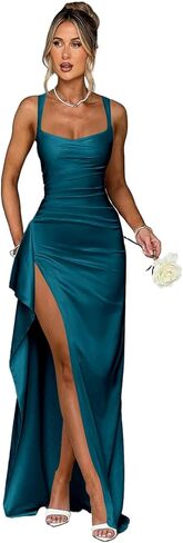 Square Neck Mermaid Bridesmaid Dresses Pleated Ruffle Satin Formal Evening Prom Gowns with Slit in Kuwait