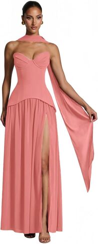 Strapless Prom Dresses Long with Scarf Chiffon Sweetheart Pleated Elegant Evening Gowns for Fromal with Slit in Saudi Arabia