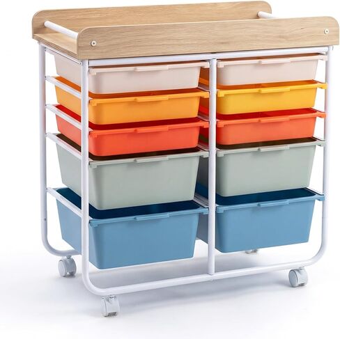 RELAX4LIFE 10-Drawer Rolling Cart with Drawers - Mobile Art Craft Organizer w/Wooden Top, Lockable Wheels, Metal Frame & Handles, Utility Storage Cart for Office Study School Classroom (White) in Kuwait