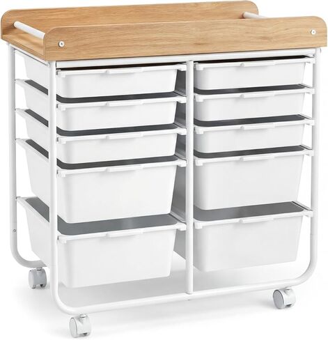 RELAX4LIFE 10-Drawer Rolling Cart with Drawers - Mobile Art Craft Organizer w/Wooden Top, Lockable Wheels, Metal Frame & Handles, Utility Storage Cart for Office Study School Classroom (White) in Saudi Arabia