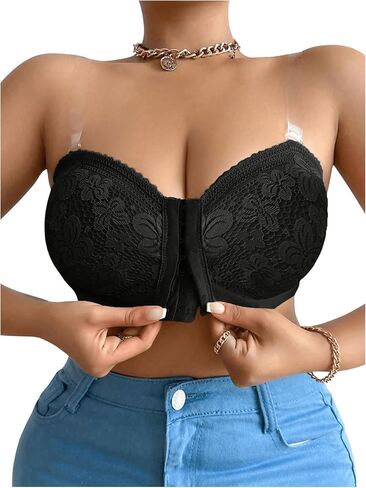 MakeMeChic Women's Plus Size Lace Front Closure Bralette Clear Straps Push Up Wireless Bras in Saudi Arabia
