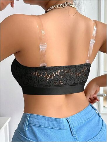 MakeMeChic Women's Plus Size Lace Front Closure Bralette Clear Straps Push Up Wireless Bras in Saudi Arabia