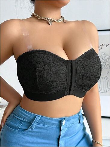 MakeMeChic Women's Plus Size Lace Front Closure Bralette Clear Straps Push Up Wireless Bras in Saudi Arabia